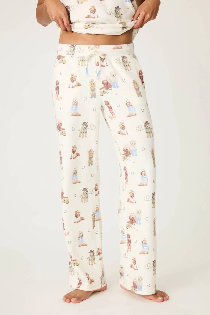 NEW PJ SALVAGE women's ruff on the range dog print open leg pant in ivory